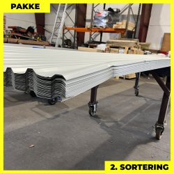 Trapez MTP 21 m/ dug - 2. sortering - 22 stk. af 5590 mm - Lysegr - 127,2 m&sup2;