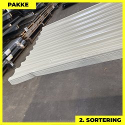 Trapez MTP 21 m/ dug - 2. sortering - 22 stk. af 5590 mm - Lysegr - 127,2 m&sup2;