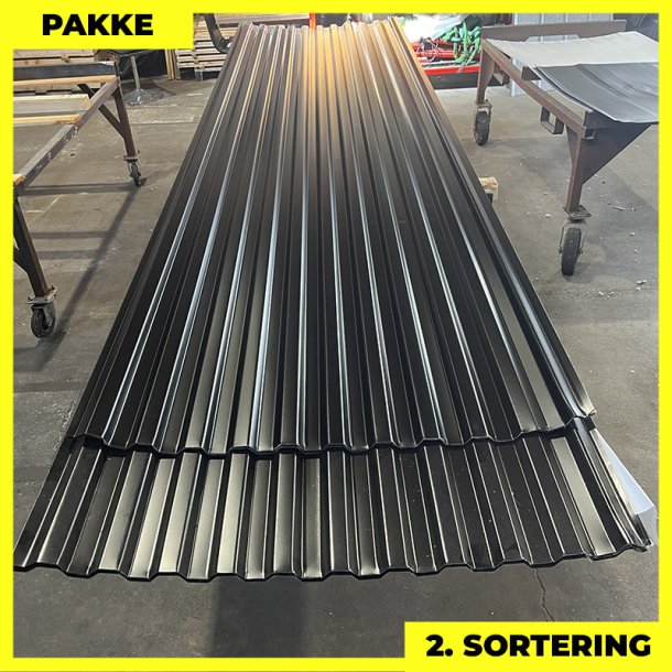 Trapezplade MTP 20 m/ dug - 2. sortering - 8 stk. af 4000-4500 mm - Sort - 34,5 m