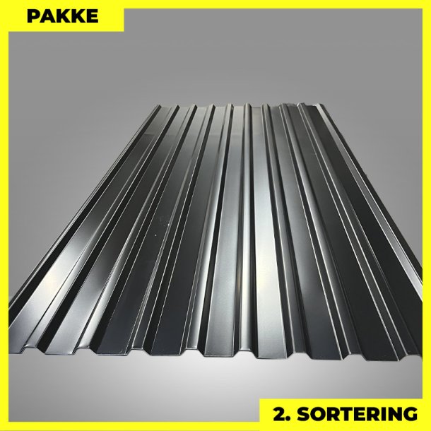 Trapezplade MTP 21 - 2. sortering - 10 stk. af 2250-2500 mm - Sort - 25 m